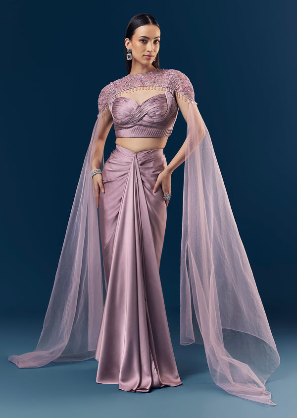 Lavender Satin Crop Top And Draped Skirt Set With Purple Pleated Embroidered Blouse And Cape With Cut Dana And Bead Detailing