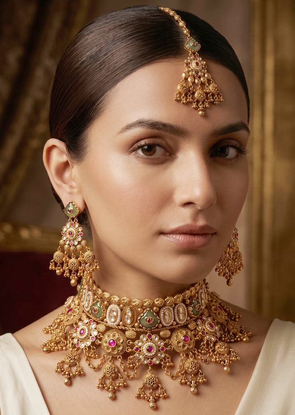 Layered Multicolor Bridal Kundan Necklace Set
