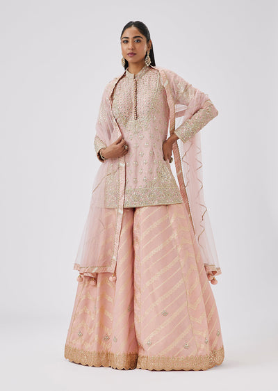 Light Pink Foil Mirror And Sequined Tissue Palazzo Suit