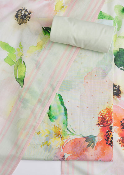 Light Yellow Floral Printed Cotton Dress Material Set