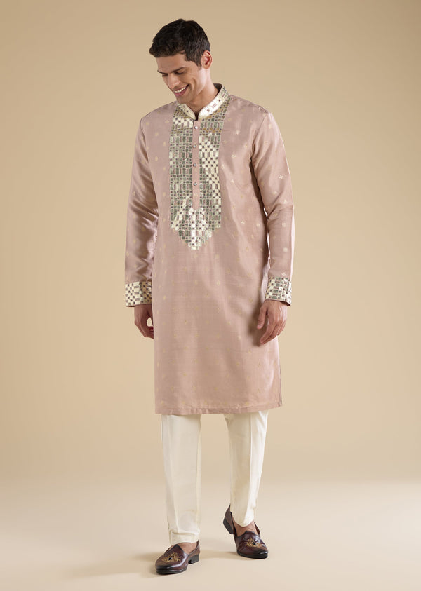 Lilac Leather Patch Embroidered Raw Silk Kurta Set