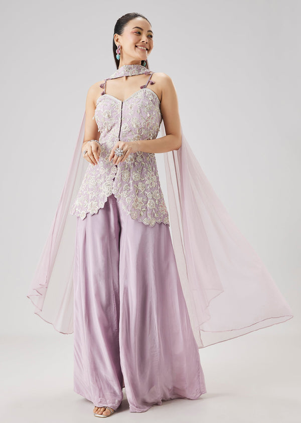 Lilac Embroidered Peplum Palazzo Set With Dupatta