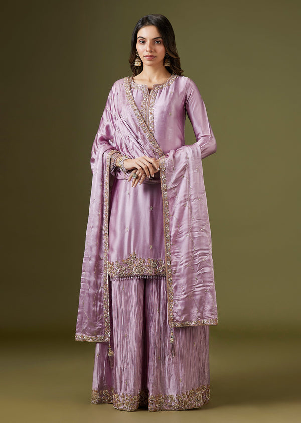 Mauve Satin Kurta Set With Tonal Embellishments And Pleated Palazzo