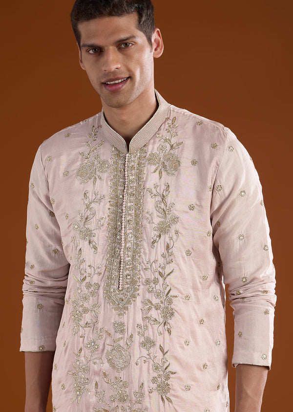 Lilac Silk Kurta Set With All Over Hand Embroidery