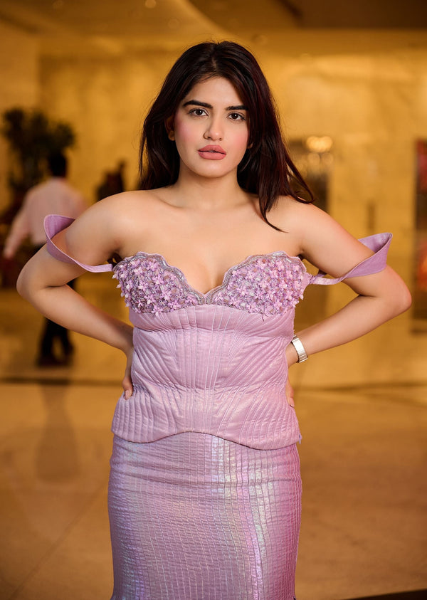 Lilac Hand Embroidered Organza Blouse And Skirt