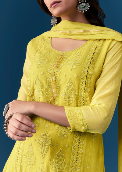 Lime Cotton Kurta Set With Thread Work