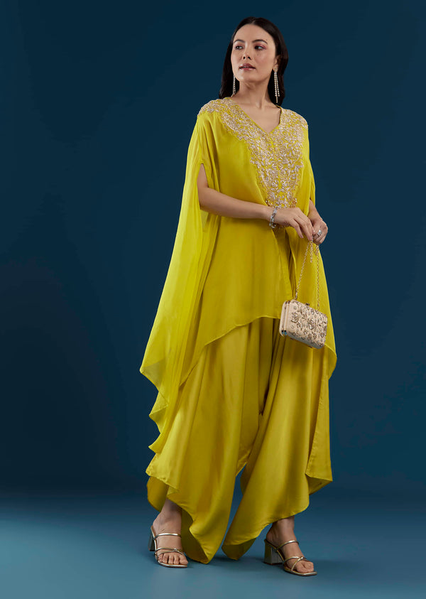 Lime Green Cape Top and Palazzo Set with Zardozi Work