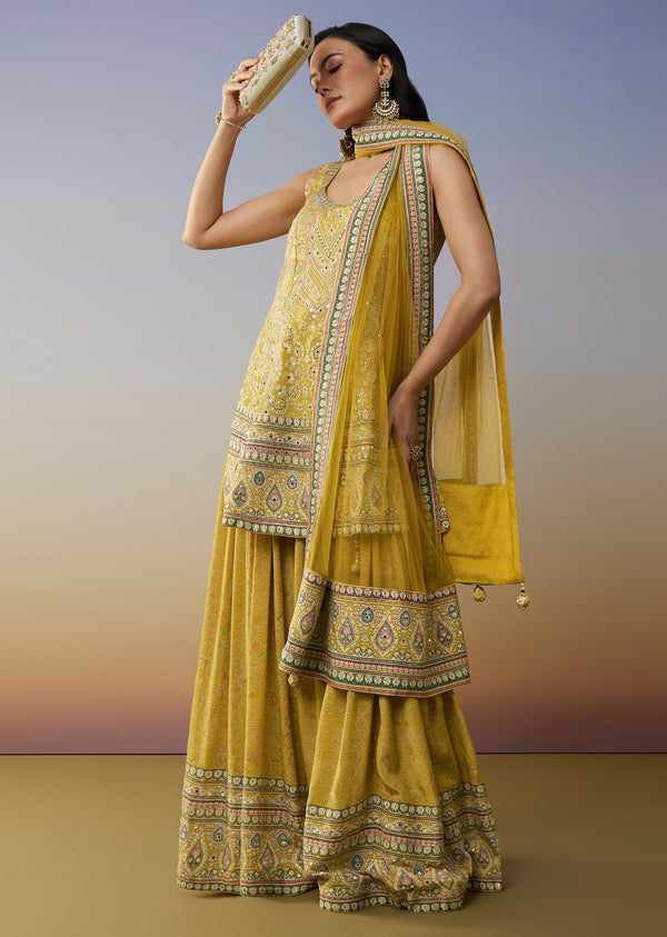 Lime Green Crepe Palazzo Suits with Indie Print Mirror Stone Gotta Lace Work