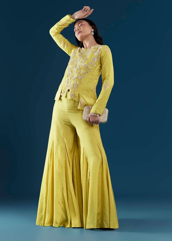 Lime Green Silk Crop Top and Pant Set with Moti Work