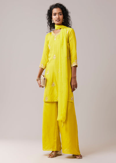 Lime Green Silk Kurta Pant Set with Gota Work