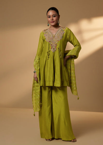 Lime Green Zardozi Embroidered Palazzo Suit Set