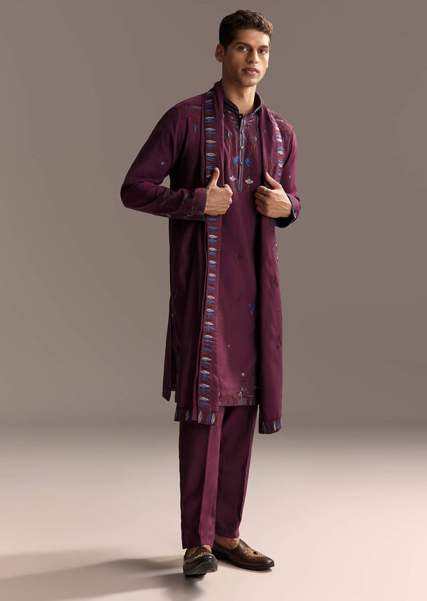 Magenta Kurta Set For Men With Thread Embroidery