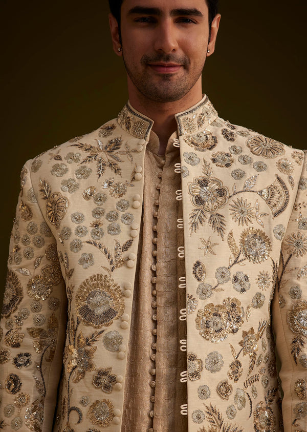 Beige Silk Indowestern Suit With Floral Zardosi Embroidery