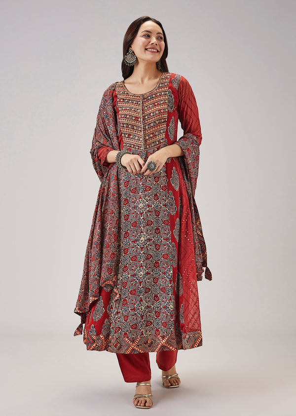Maroon Pure Ajrakh Printed Anarkali Adorned With Zari Detailing