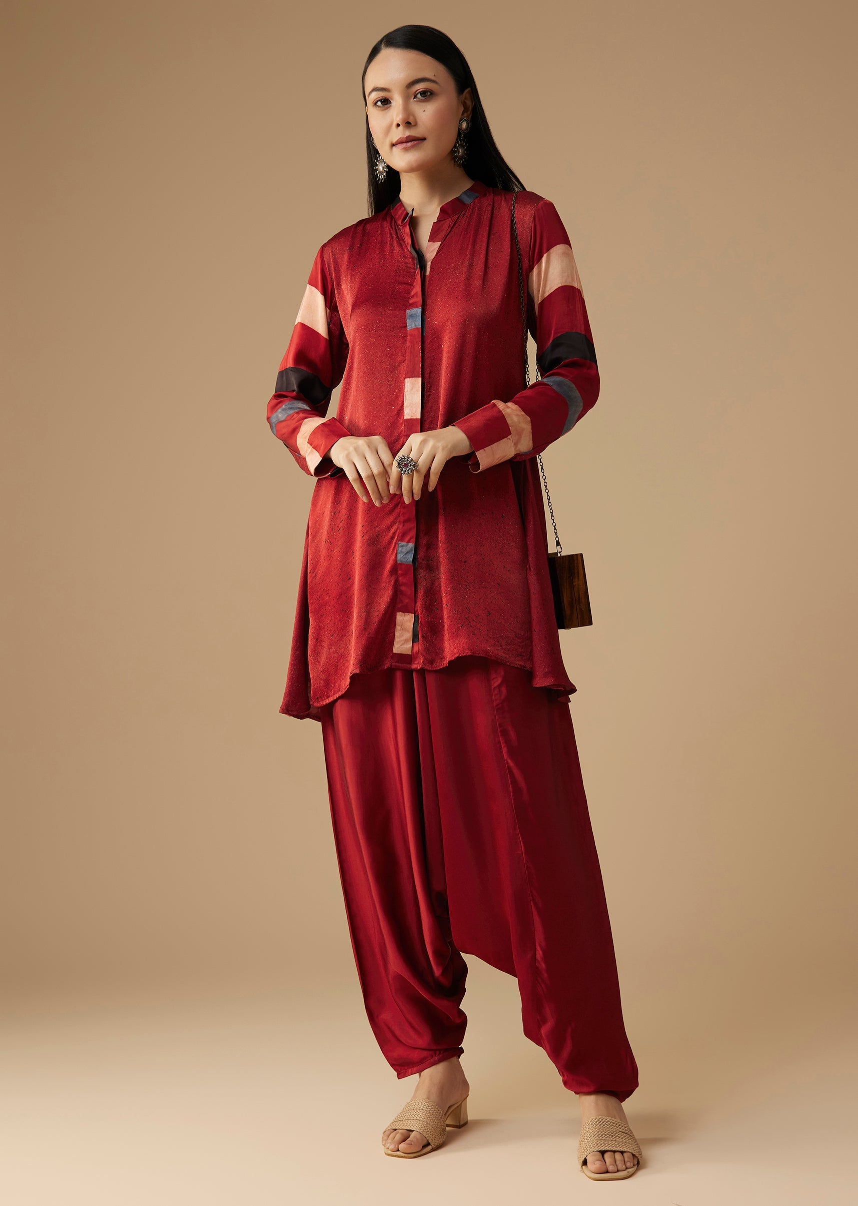 Maroon Hand Dyed Ajrakh Jacket, Shirt and Dhoti Set