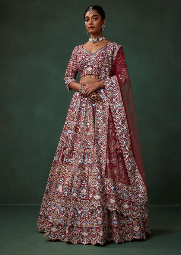 Maroon Printed and Embroidered Kali Bridal Georgette Lehenga Set