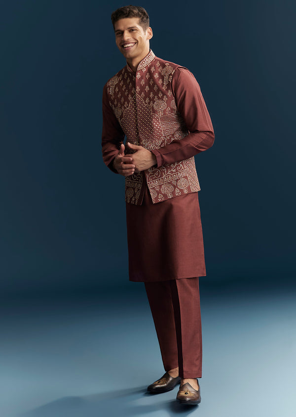 Maroon Red Silk Kurta Jacket Set With Thread Detail Work