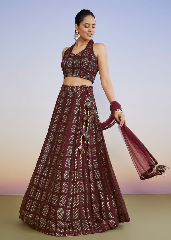 Maroon Sequin Halter Neck Lehenga Set With Dupatta