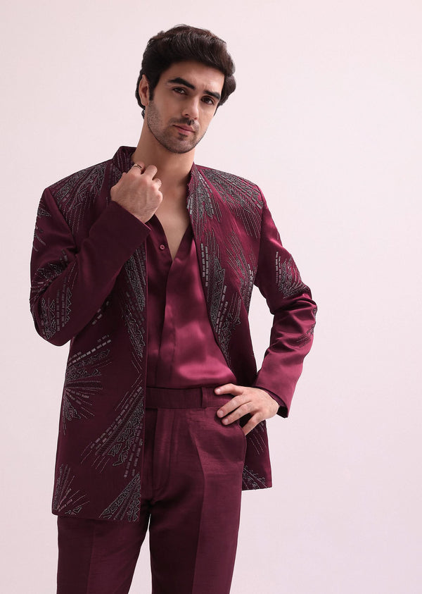 Maroon Linen Satin Hand Embellished Jodhpuri With Shirt And Pant