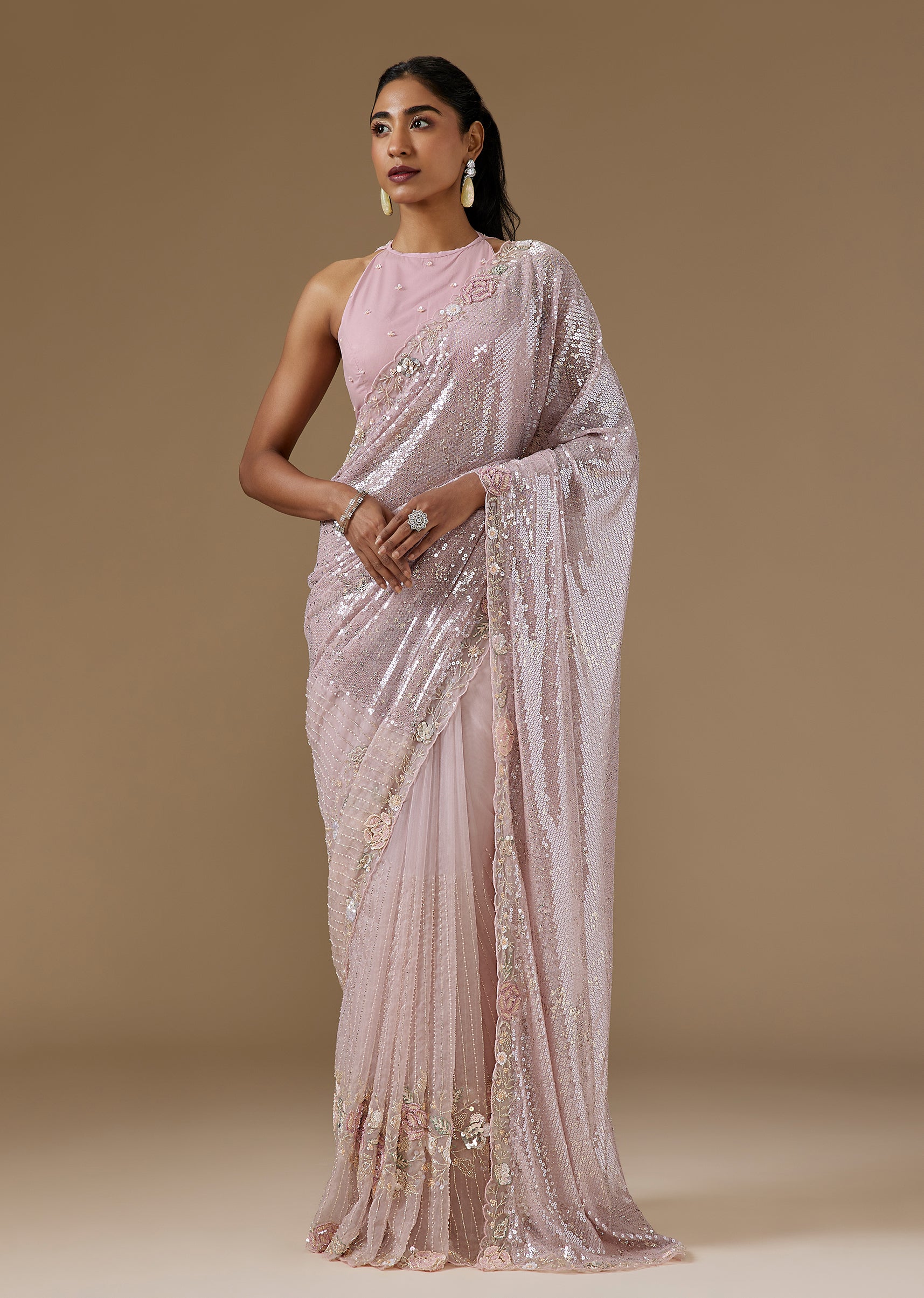 Mauve Half And Half Sequin Saree With Cut Dana Embellished Border