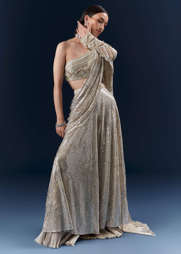 Mauve Imported Sequins Crop Top And Palazzo Pants With Attached Dupatta
