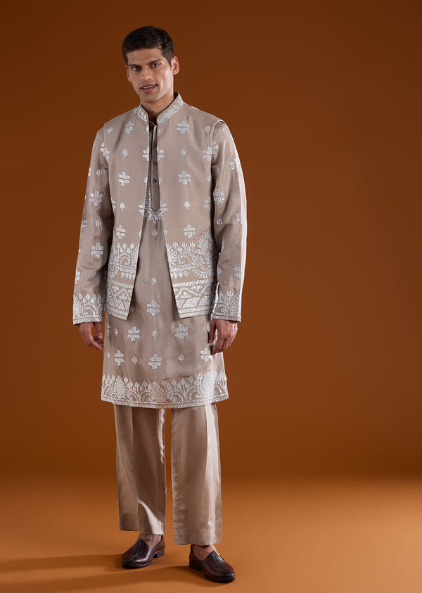 Mauve Silk Embroidered Kurta Jacket Set
