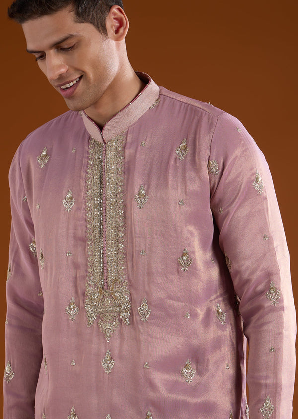 Mauve Tissue Kurta Set With Fine Zardosi And Sequin Work