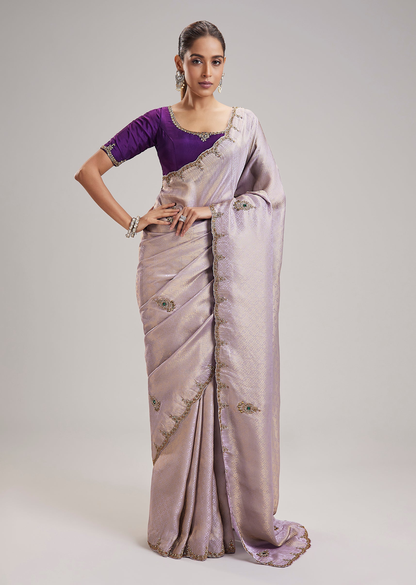 Mauve Tissue Jacquard Saree With Kundan Zardozi Beaded Border