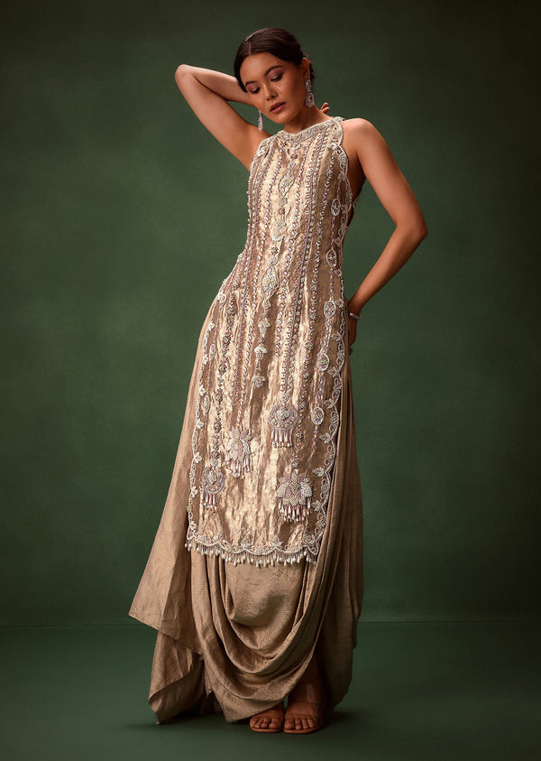 Mauve Dhoti Drape Skirt Brocade Embroidered Kurta With Side Tie Ups