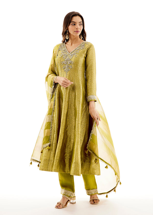 Mehendi Green Brocade Anarkali With Zardosi Neck Work