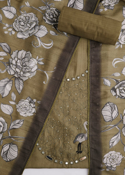 Mehendi Green Cotton Abla Work Unstitched Suit Set With Printed Dupatta