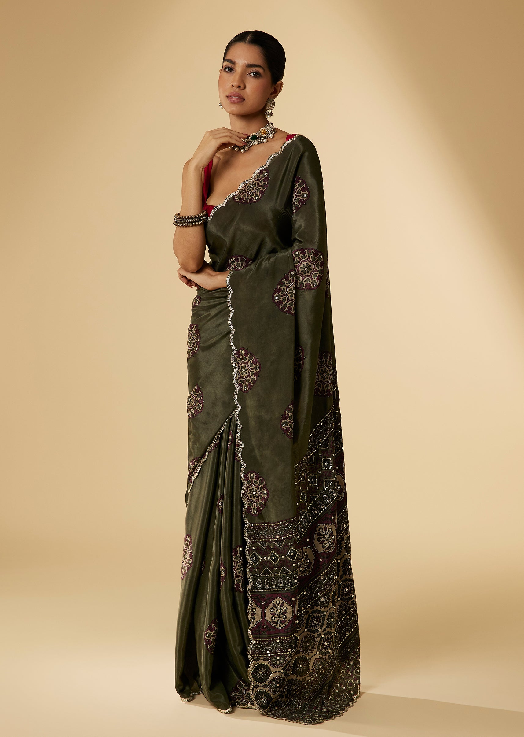 Mehendi Green Crepe Ajrakh Printed Saree With Unstitched Blouse