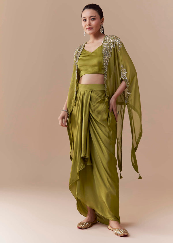 Mehendi Green Crop Top Draped Skirt Set with Sequin Cape