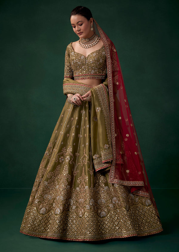Mehendi Green Embroidered Bridal Lehenga Set in Silk
