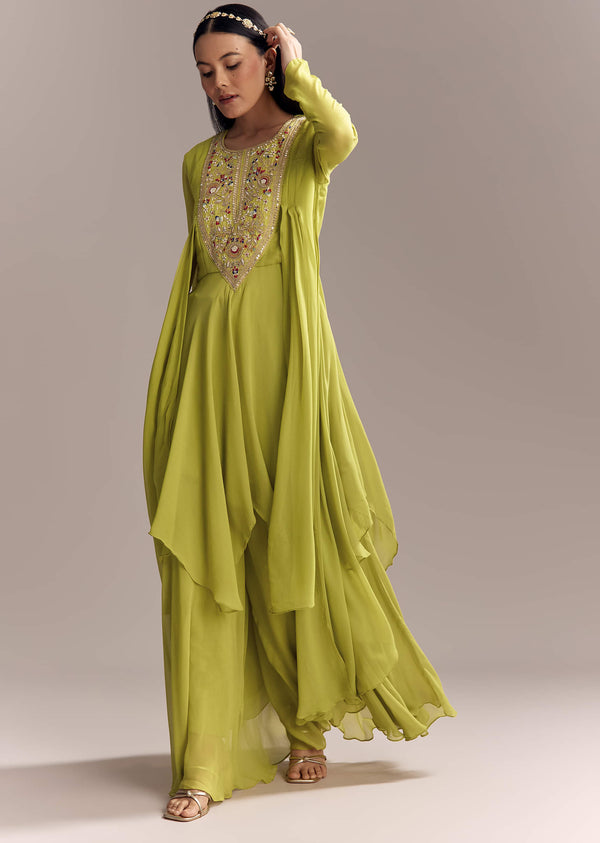 Mehendi Green Georgette Indo Western Kurta And Sharara Set With Embroidery