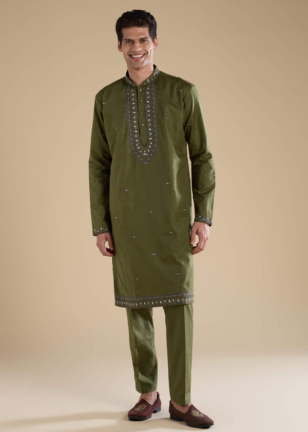 Mehendi Green Linen Mirror Work Kurta And Straight Pant Set