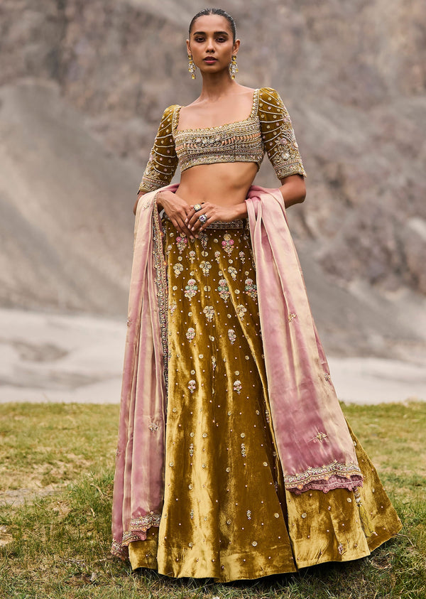 Mehendi Green Velvet Lehenga With Butti Work And Dupatta