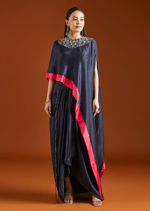 Midnight Blue Embellished Silk Blend Crop Top Skirt Set
