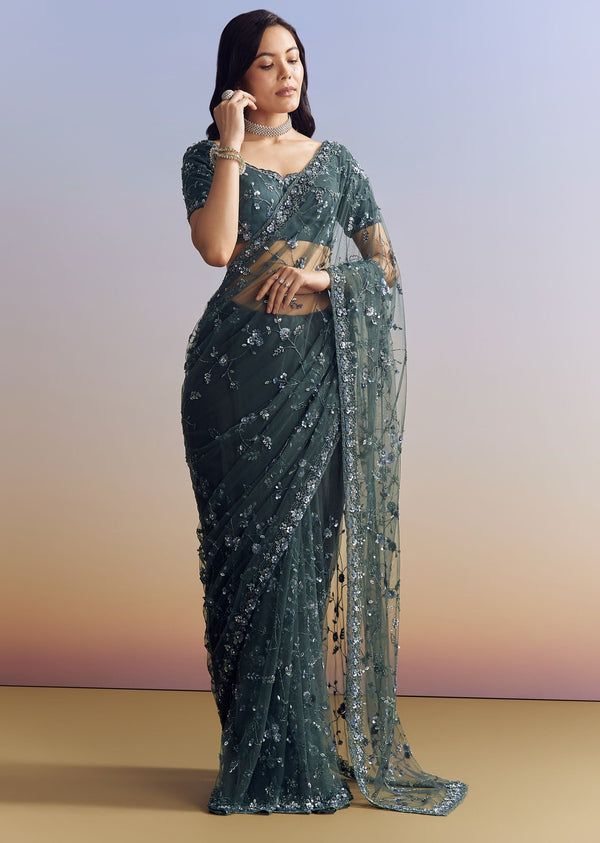 Midnight Blue Net Saree With Floral Jaal And Statement Embroidery