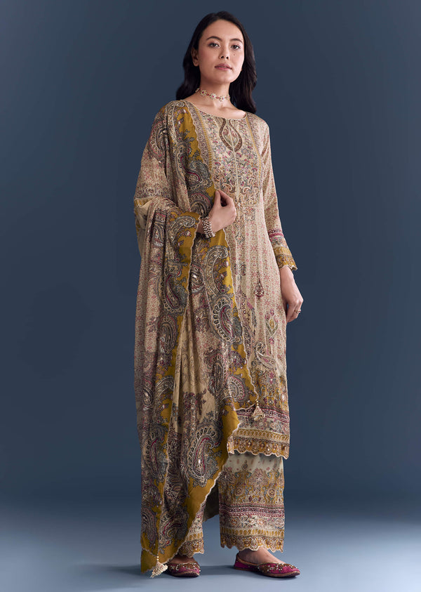 Mint Green Crepe Kurta Set With Paisley And Floral Print