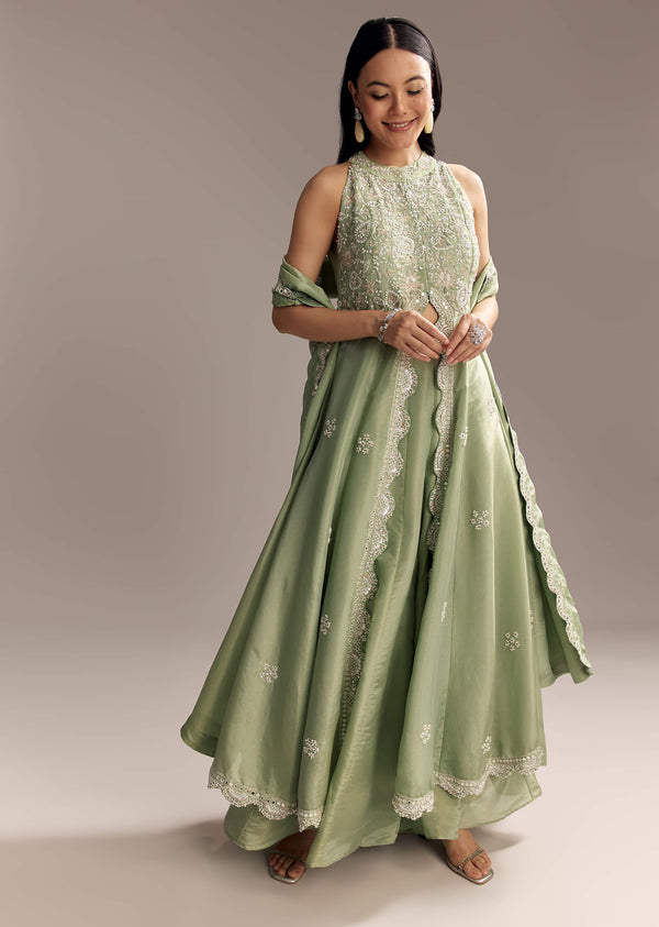 Mint Green Tissue Anarkali Suit Set With Beaded Embroidery