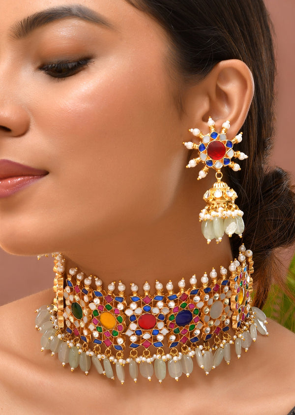 Multi Colored Mint Green Necklace Set With Pachi Kundan