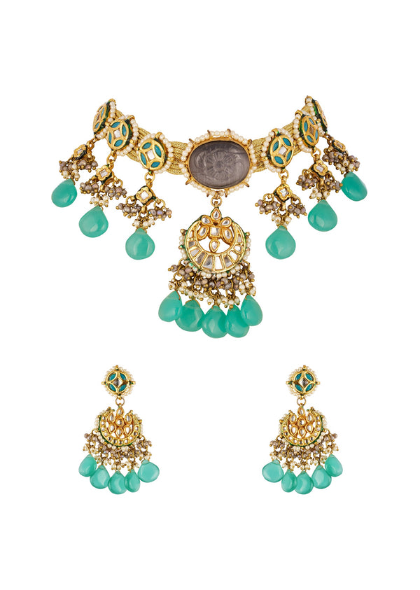 Multi Traditional Kundan Chandbali Necklace Set with Faux Pearl and Stones