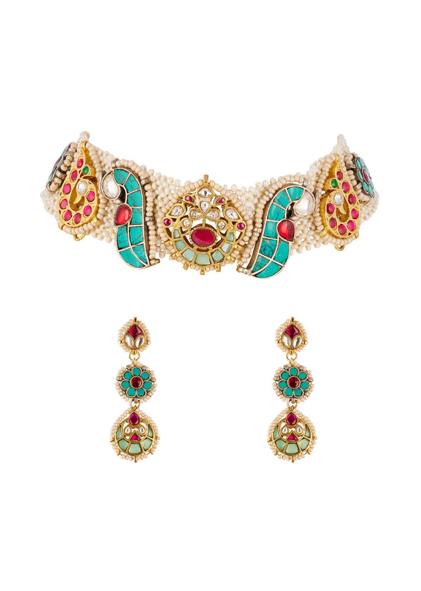 Multi Traditional Kundan Polki Necklace Set with Colored Stones