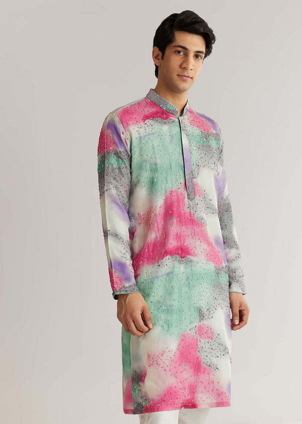 Multicolour Silk Abstract Printed Kurta Set With Sequins