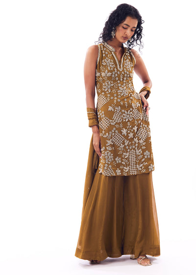 Mustard Yellow Chinon Palazzo Set With Bead Detailing