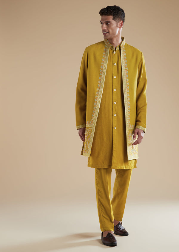 Mustard Yellow Pashmina Kurta Jacket Set With Thread Resham Work