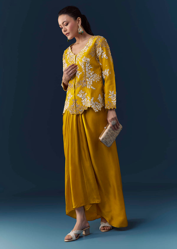 Mustard Yellow Satin Silk Top Skirt Set with Moti Work