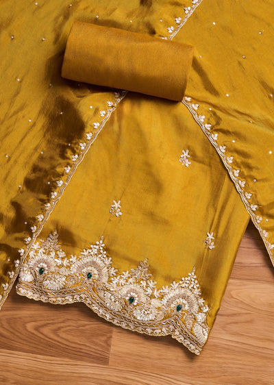 Mustard Yellow Satin Unstitched Suit With Dupatta