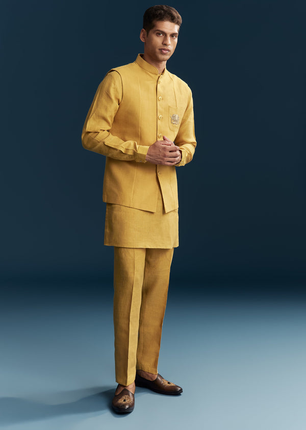 Mustard Yellow Silk Kurta Jacket Set With Thread Detail Work